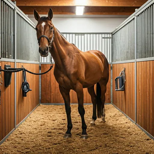 Cheval passant la tête par-dessus la porte de son box