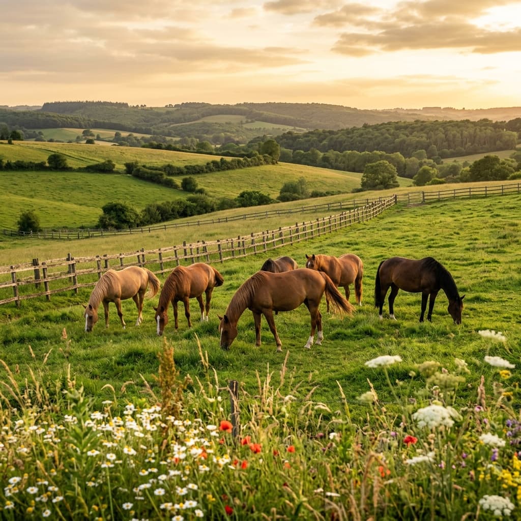 Chevaux en troupeau dans une vaste prairie verdoyante